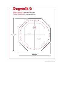 Dimension diagram for the Dogwalk Medium glass-fitting dog door, showing the round glass cut-out and overall frame size for the glazier