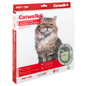 Retail box for the Catwalk Original glass-fitting cat door, showing a long-haired tabby cat and the 3-year door warranty, 1 year on moving parts