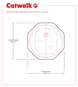 Cutting template for the Catwalk Original cat door, showing the round glass cut-out and the overall frame dimensions for the glazier
