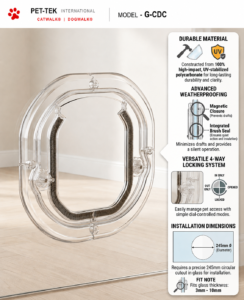 Catwalk Original glass-fitting cat door in clear, with panel showing its UV-stabilised polycarbonate build, weatherproof brush seal, magnetic closure and 4-way locking system