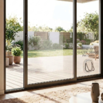 Clear Catwalk Standard cat door fitted low in a glass sliding door opening onto a sunny deck