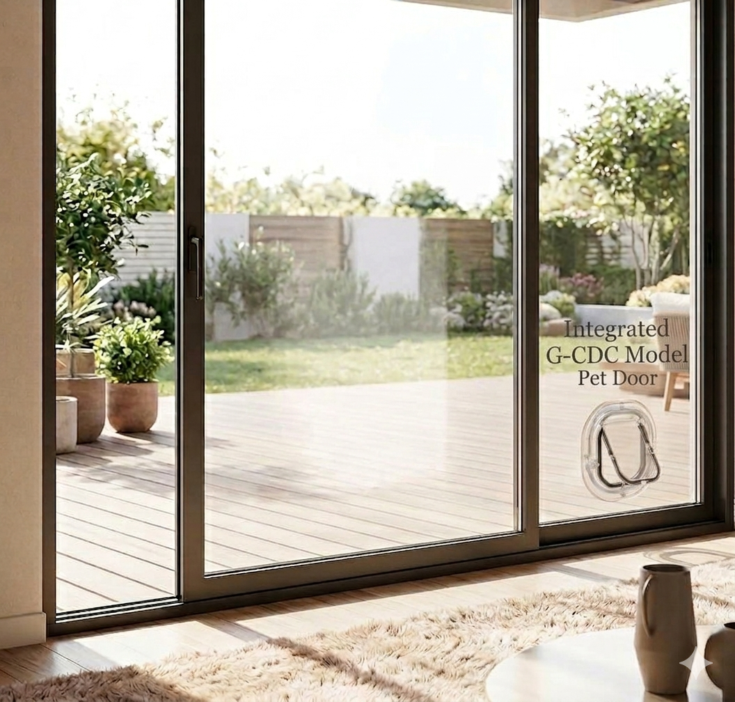 Clear Catwalk Standard cat door fitted low in a glass sliding door opening onto a sunny deck