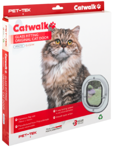 Retail box for the Catwalk Original glass-fitting cat door in white, showing a long-haired tabby cat and the white door