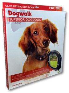 Retail box for the Dogwalk Medium glass-fitting dog door, showing a small dog