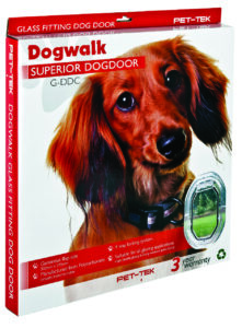 Retail box for the Dogwalk Medium glass-fitting dog door, showing a small dog