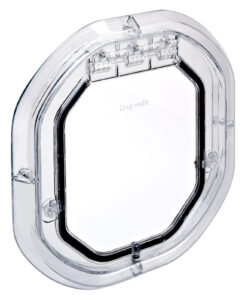 Dogwalk Medium glass-fitting dog door in clear, shown on its own against a white background