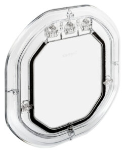 Dogwalk Slim Line glass-fitting dog door in clear, shown on its own against a white background