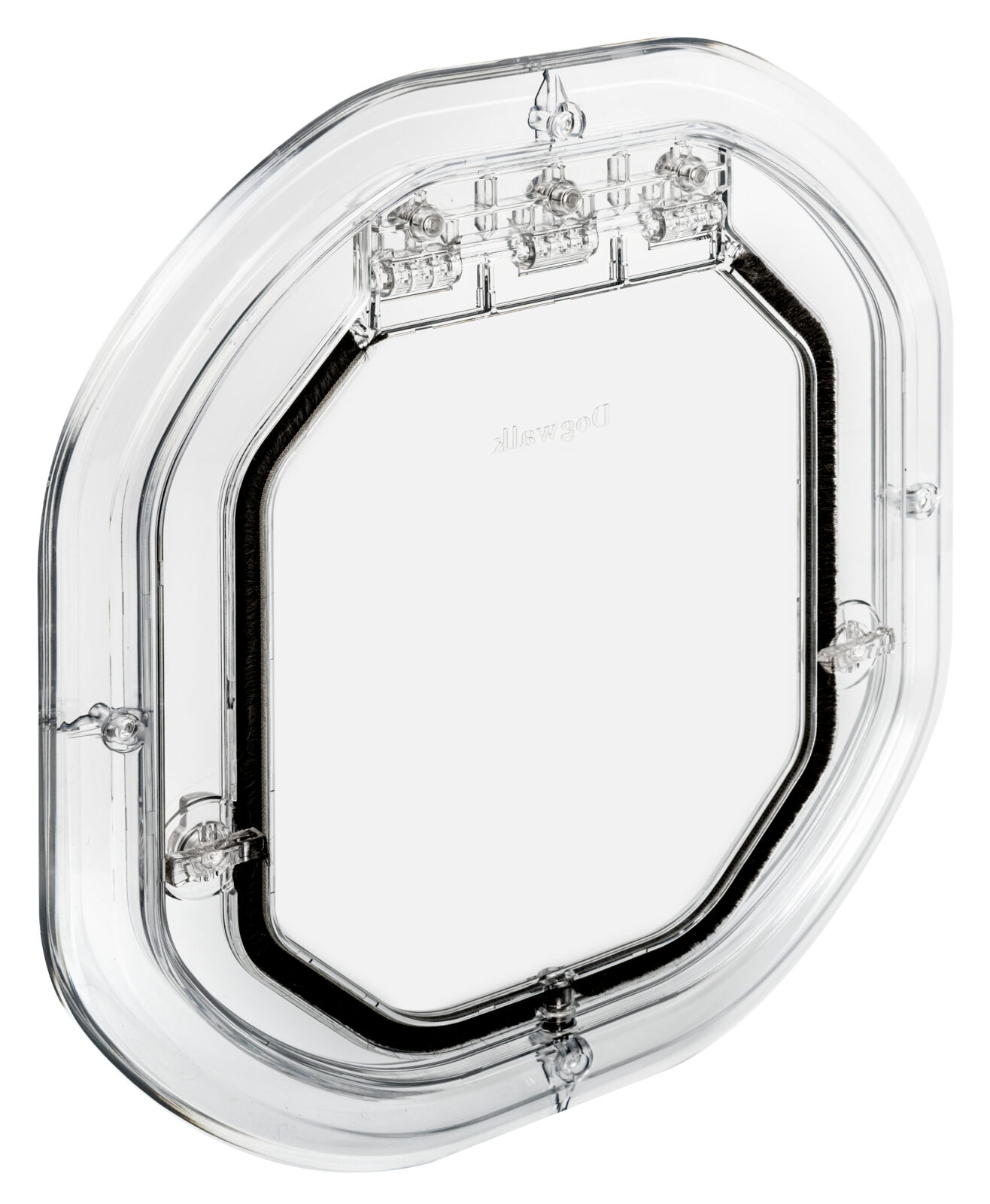Dogwalk Slim Line glass-fitting dog door in clear, shown on its own against a white background