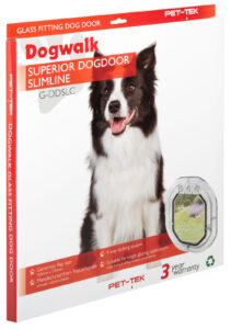 Retail box for the Dogwalk Slim Line glass-fitting dog door, showing a dog