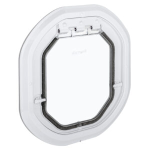 Dogwalk Slim Line glass-fitting dog door in white, shown on its own against a white background