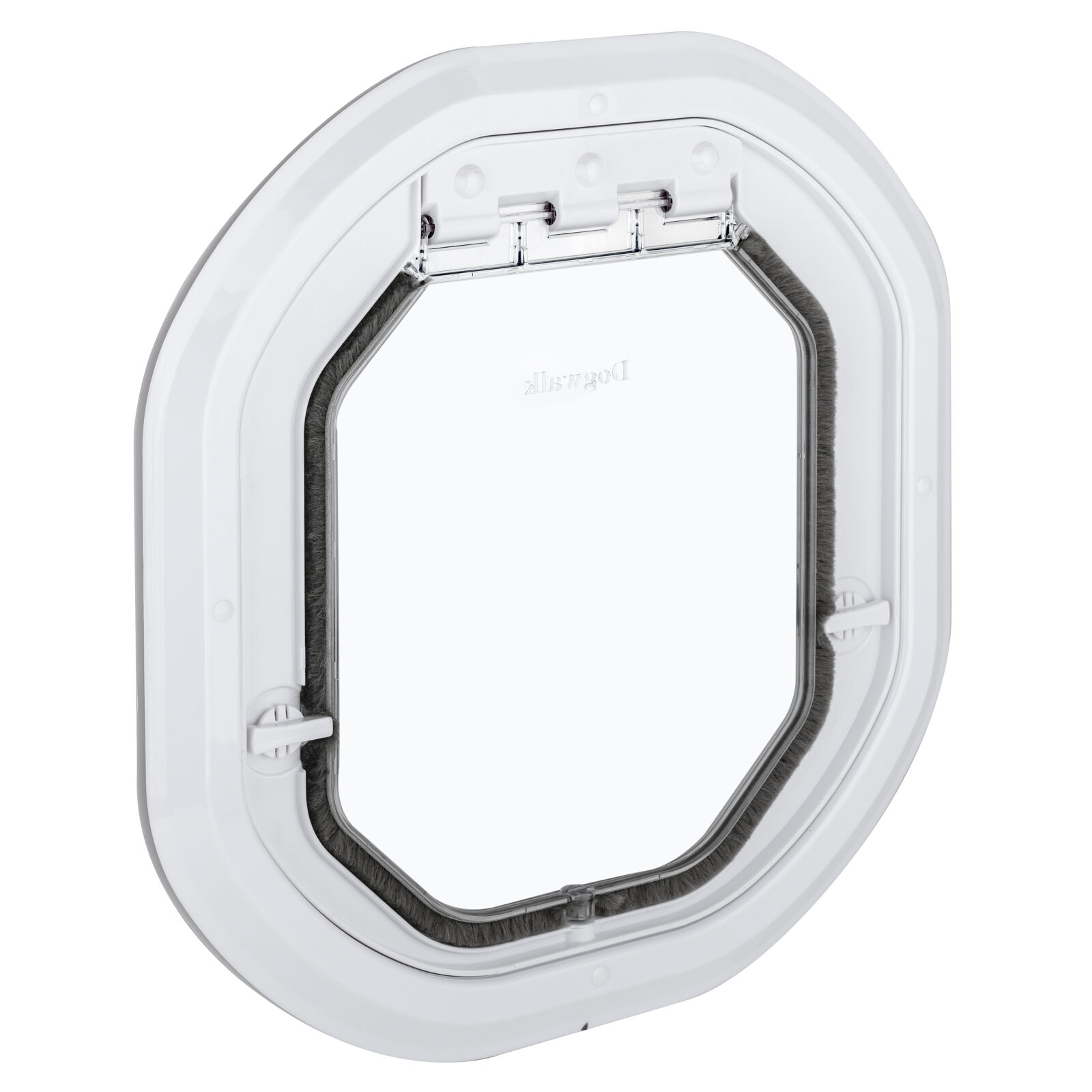 Dogwalk Slim Line glass-fitting dog door in white, shown on its own against a white background