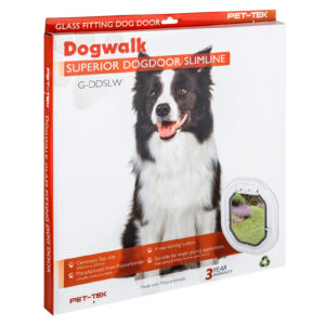 Retail box for the Dogwalk Slim Line glass-fitting dog door in white, showing a dog