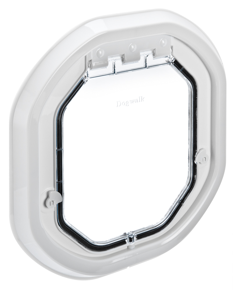 Dogwalk Medium Dual Glaze glass-fitting dog door in white, shown on its own against a white background