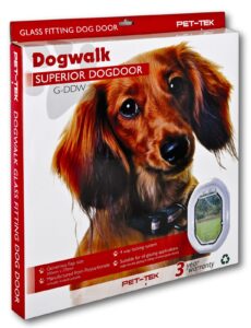 Retail box for the Dogwalk Medium glass-fitting dog door, showing a small dog