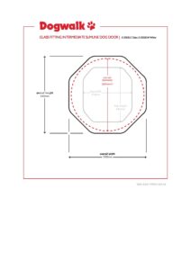 Cutting template for the Dogwalk Intermediate glass-fitting dog door, showing the round glass cut-out and overall frame dimensions for the glazier