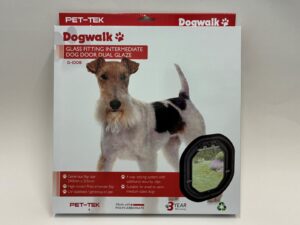 Retail box for the Dogwalk Intermediate glass-fitting dog door, showing a small dog