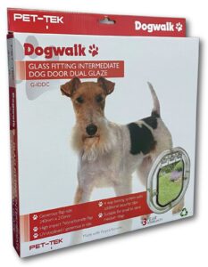 Retail box for the Dogwalk Intermediate glass-fitting dog door, showing a small dog