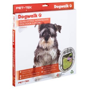 Retail box for the Dogwalk Intermediate Slim Line glass-fitting dog door, showing a small dog
