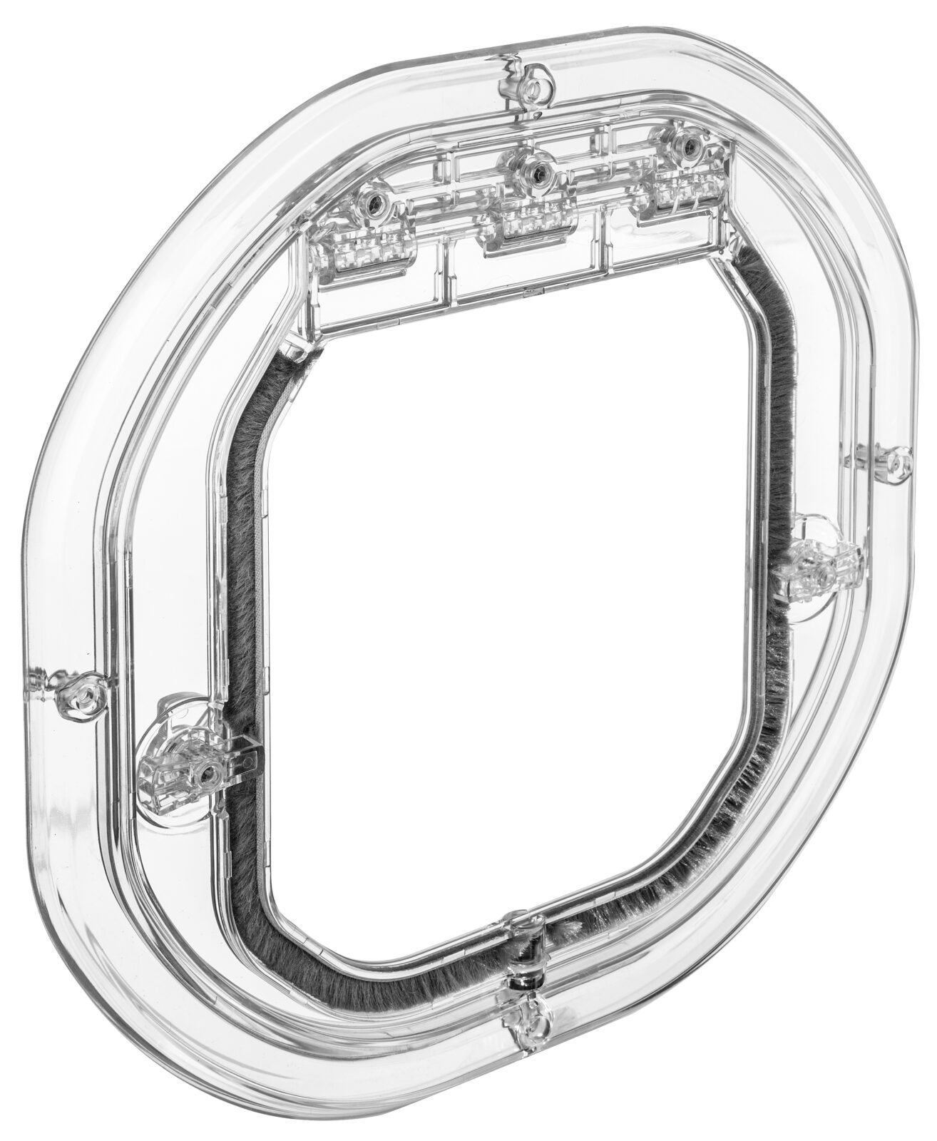 Dogwalk Intermediate Slim Line glass-fitting dog door in clear, shown on its own against a white background