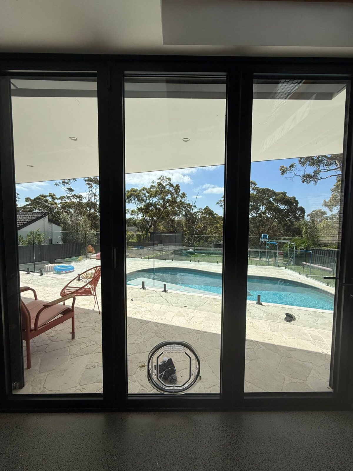 Clear Dogwalk Intermediate Slim Line dog door fitted in a black-framed glass sliding door with a pool beyond