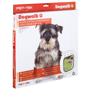 Retail box for the Dogwalk Intermediate Slim Line glass-fitting dog door in white, showing a small dog