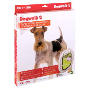 Retail box for the Dogwalk Intermediate glass-fitting dog door in white, showing a small dog