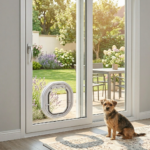 White Dogwalk glass-fitting dog door in a double-glazed PVC sliding door with a small dog sitting beside it