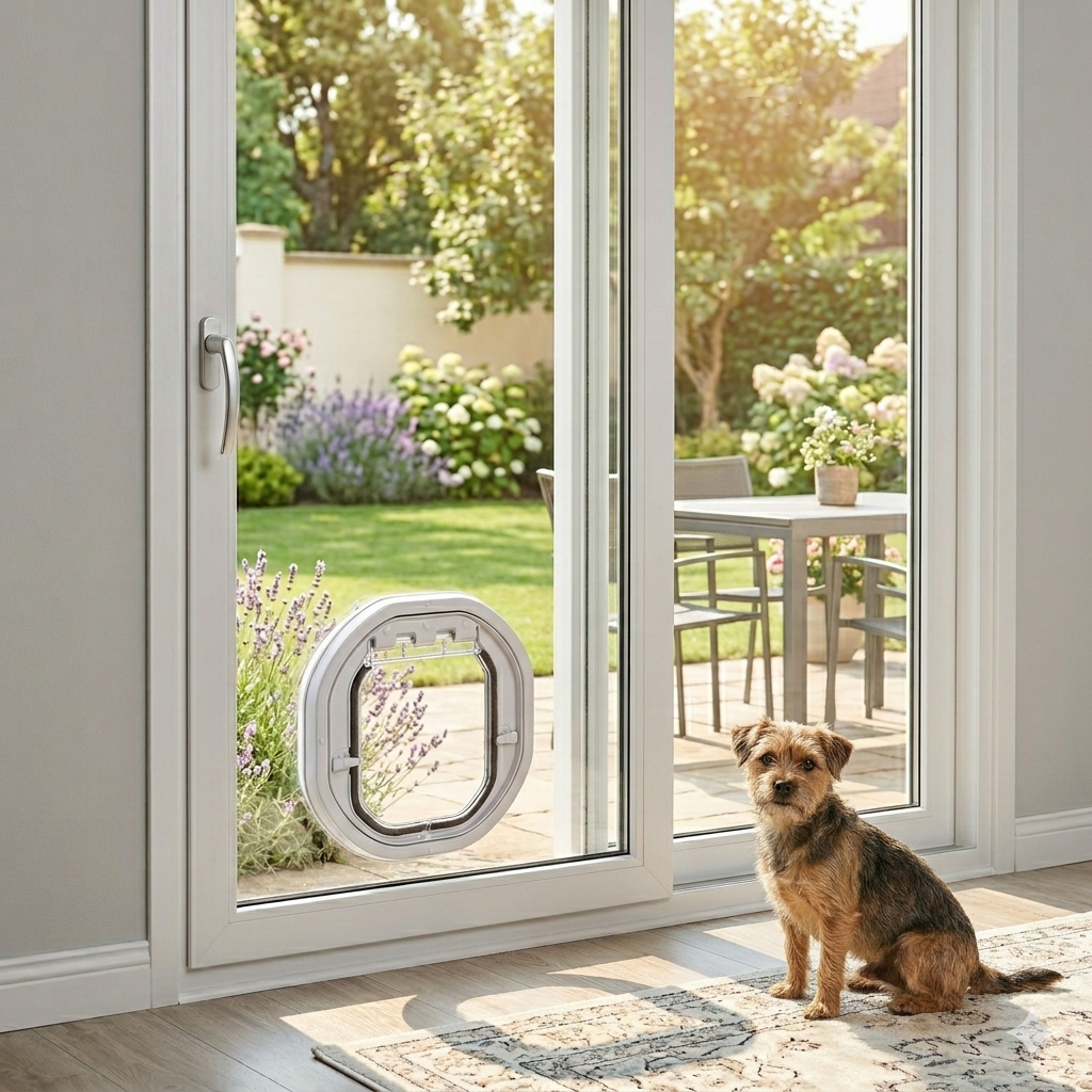 White Dogwalk glass-fitting dog door in a PVC sliding door with a small dog sitting beside it