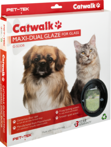 Retail box for the Catwalk Maxi glass-fitting pet door, showing a cat and a small long-haired dog
