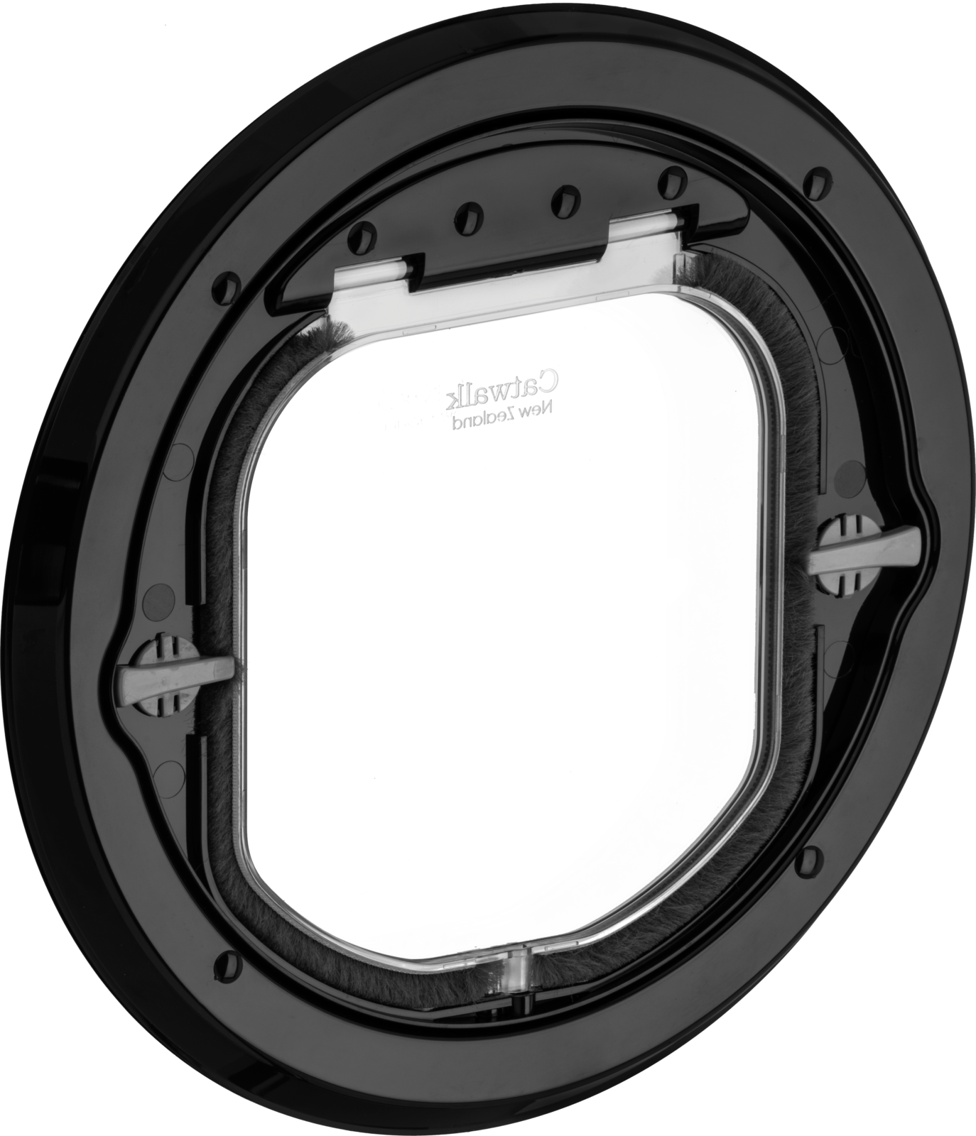 Catwalk Maxi glass-fitting pet door in black, for large cats and small dogs, shown on its own against a black background