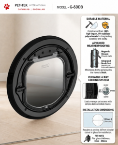 Catwalk Maxi glass-fitting pet door in black, with panel showing its UV-stabilised polycarbonate build, weatherproof brush seal, magnetic closure and 4-way locking system