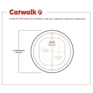 Cutting template for the Catwalk Maxi glass-fitting pet door, showing the round glass cut-out and overall frame dimensions for the glazier