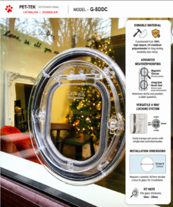 Catwalk Maxi glass-fitting pet door in clear, with panel showing its UV-stabilised polycarbonate build, weatherproof brush seal, magnetic closure and 4-way locking system