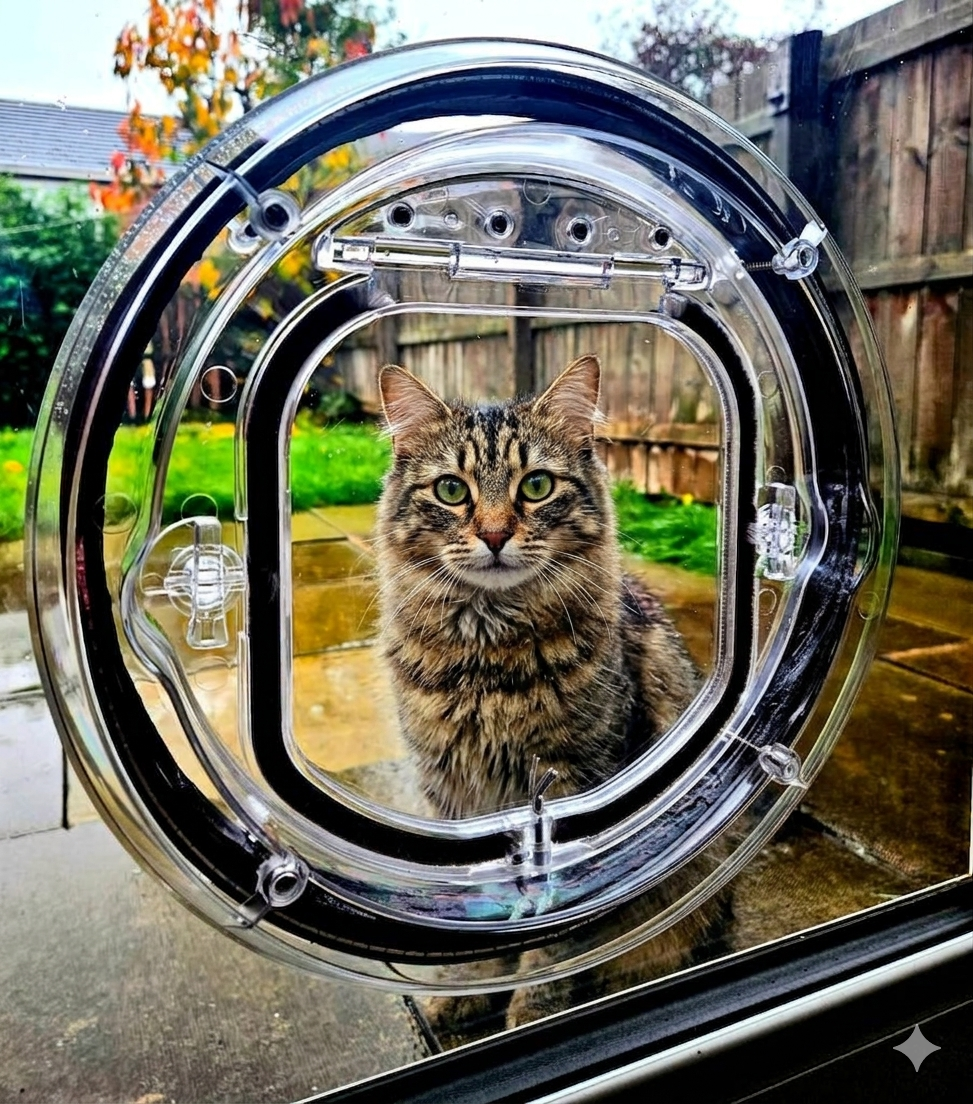 Tabby cat outside looking in through a clear Catwalk Maxi cat door fitted in glass