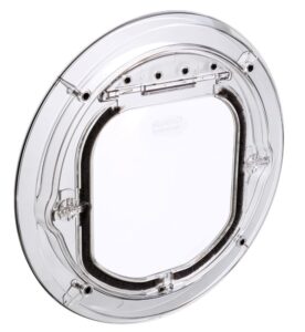 Catwalk Maxi glass-fitting pet door in clear, for large cats and small dogs, shown on its own against a white background