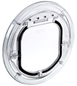 Catwalk Maxi Slim Line glass-fitting pet door in clear, for large cats and small dogs, shown on its own against a white background