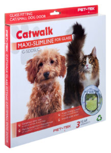 Retail box for the Catwalk Maxi Slim Line glass-fitting pet door, showing a cat and a small dog