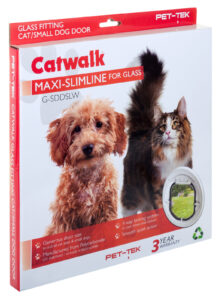 Retail box for the Catwalk Maxi Slim Line glass-fitting pet door in white, showing a cat and a small dog