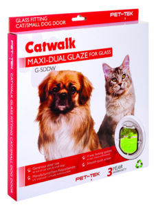 Retail box for the Catwalk Maxi glass-fitting pet door in white, showing a dog and a cat