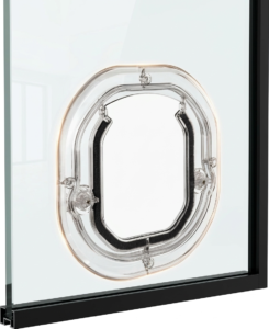 Catwalk Original cat door fitted in a full-height glass slider looking out to a deck and garden