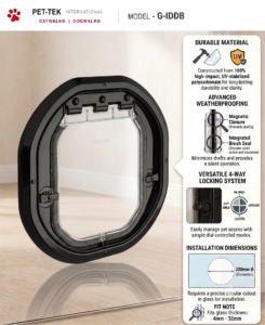 Dogwalk Intermediate glass-fitting dog door in black, with panel showing its UV-stabilised polycarbonate build, weatherproof brush seal, magnetic closure and 4-way locking system