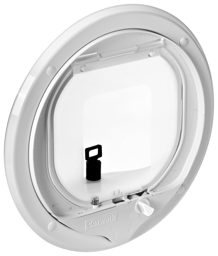 Catwalk multi-magnetic cat door in white, glass fitting, with battery-free magnetic selective entry