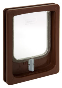 Catwalk slim line cat door in brown for timber and PVC doors, with the rotary locking dial below the flap