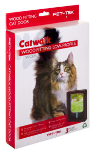 Retail box for the Catwalk slim line wood-fitting cat door in brown