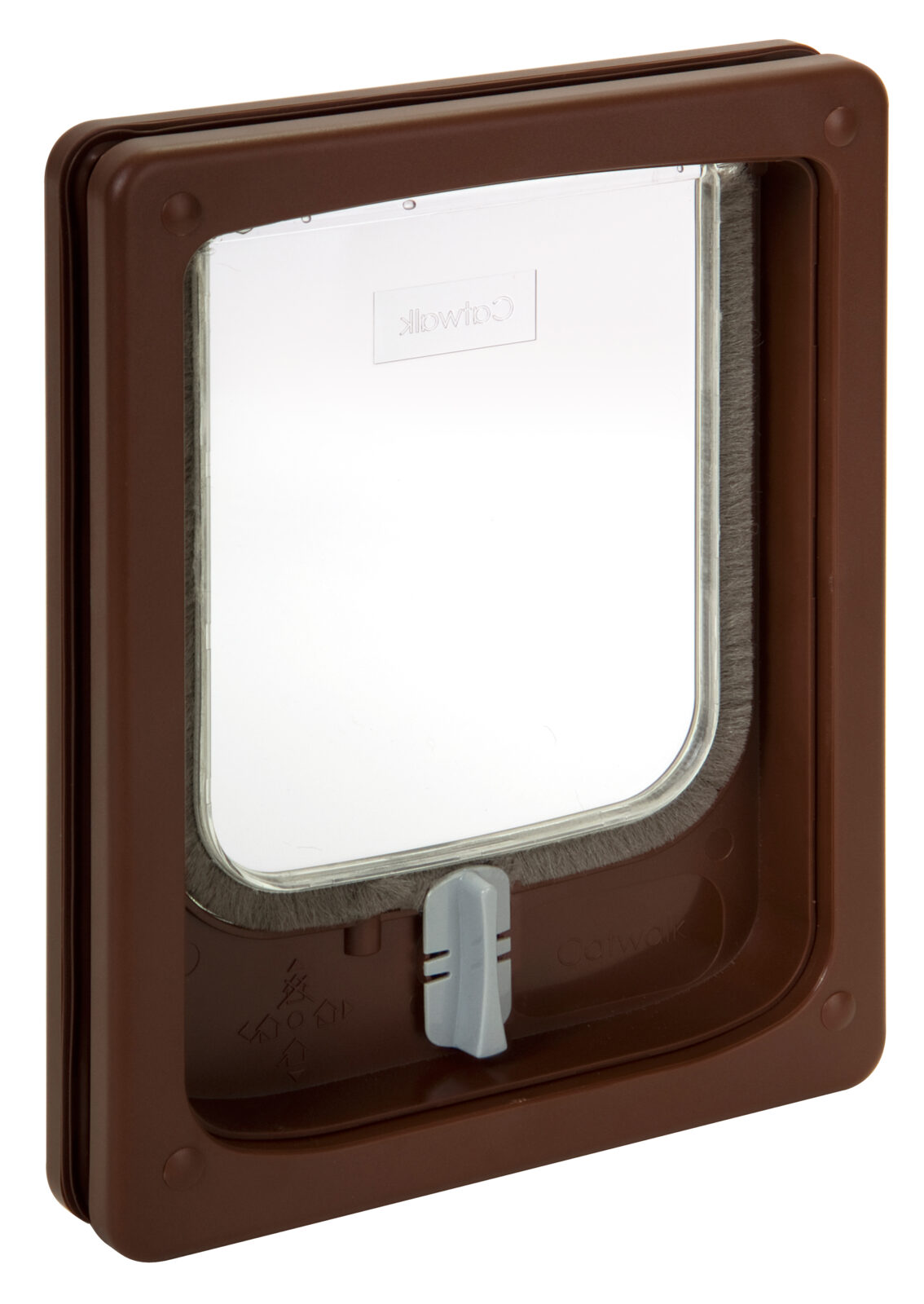 Catwalk slim line cat door in brown for timber and PVC doors, with the rotary locking dial below the flap