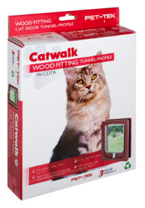 Retail box for the Catwalk tunnel cat door in brown, wood fitting