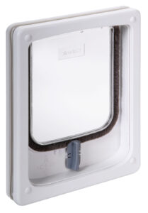 Catwalk slim line cat door in white for timber and PVC doors, with the rotary locking dial below the flap