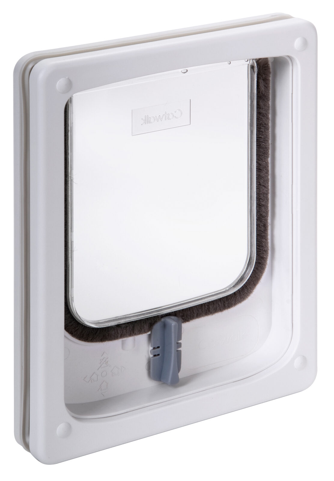 Catwalk slim line cat door in white for timber and PVC doors, with the rotary locking dial below the flap