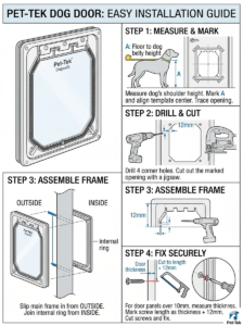 Installation diagram for the Dogwalk medium dog door, wood fitting, with cut-out dimensions