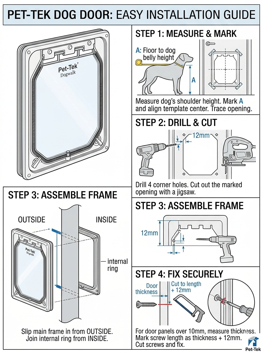 Installation diagram for the Dogwalk medium dog door, wood fitting, with cut-out dimensions
